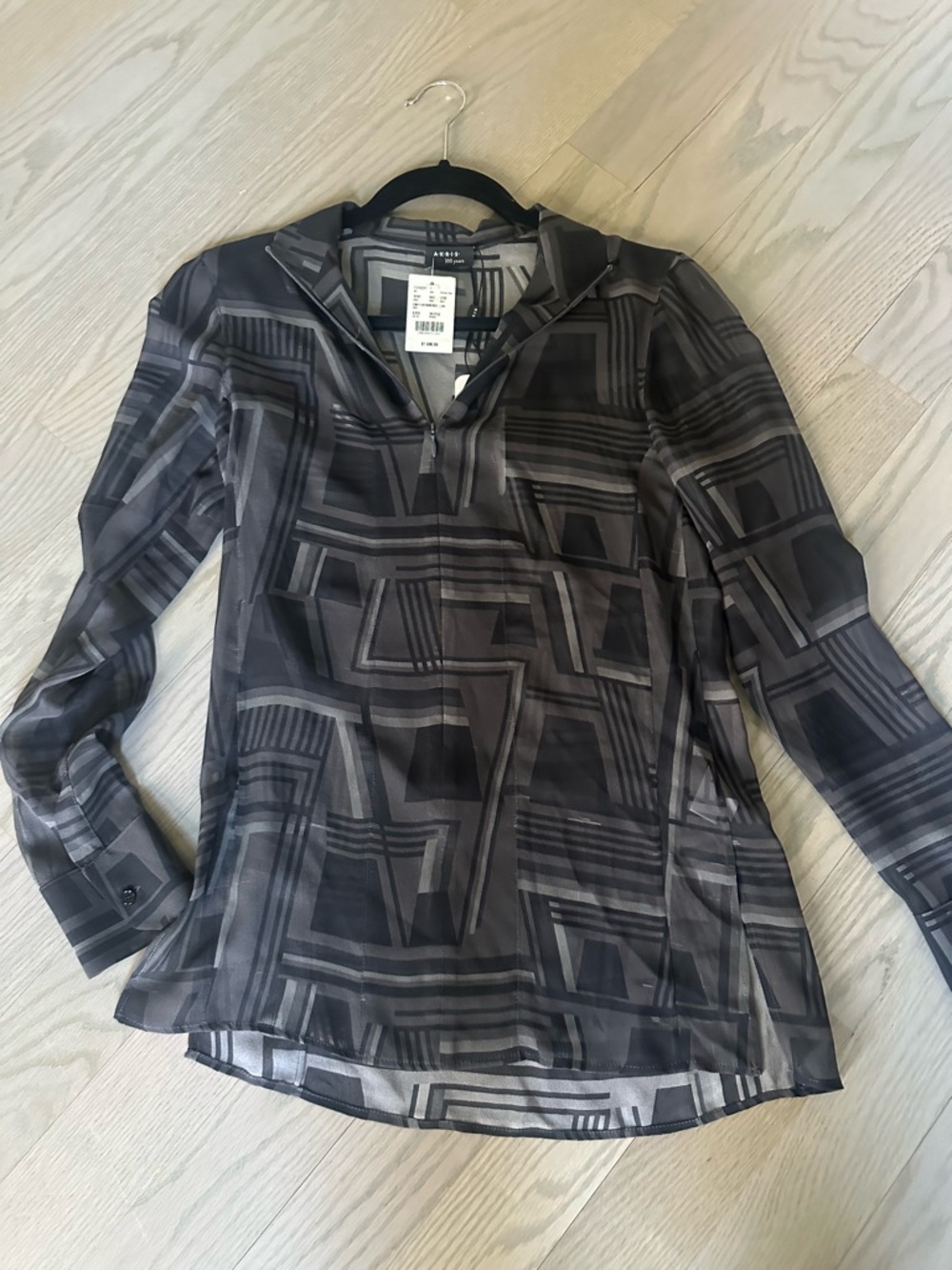Akris Black and Gray Geometric Sheer V-Neck Blouse